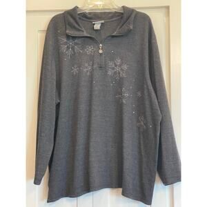 Catherines charcoal gray 1/4 zip sweater with embroidery and rhinestones 2X